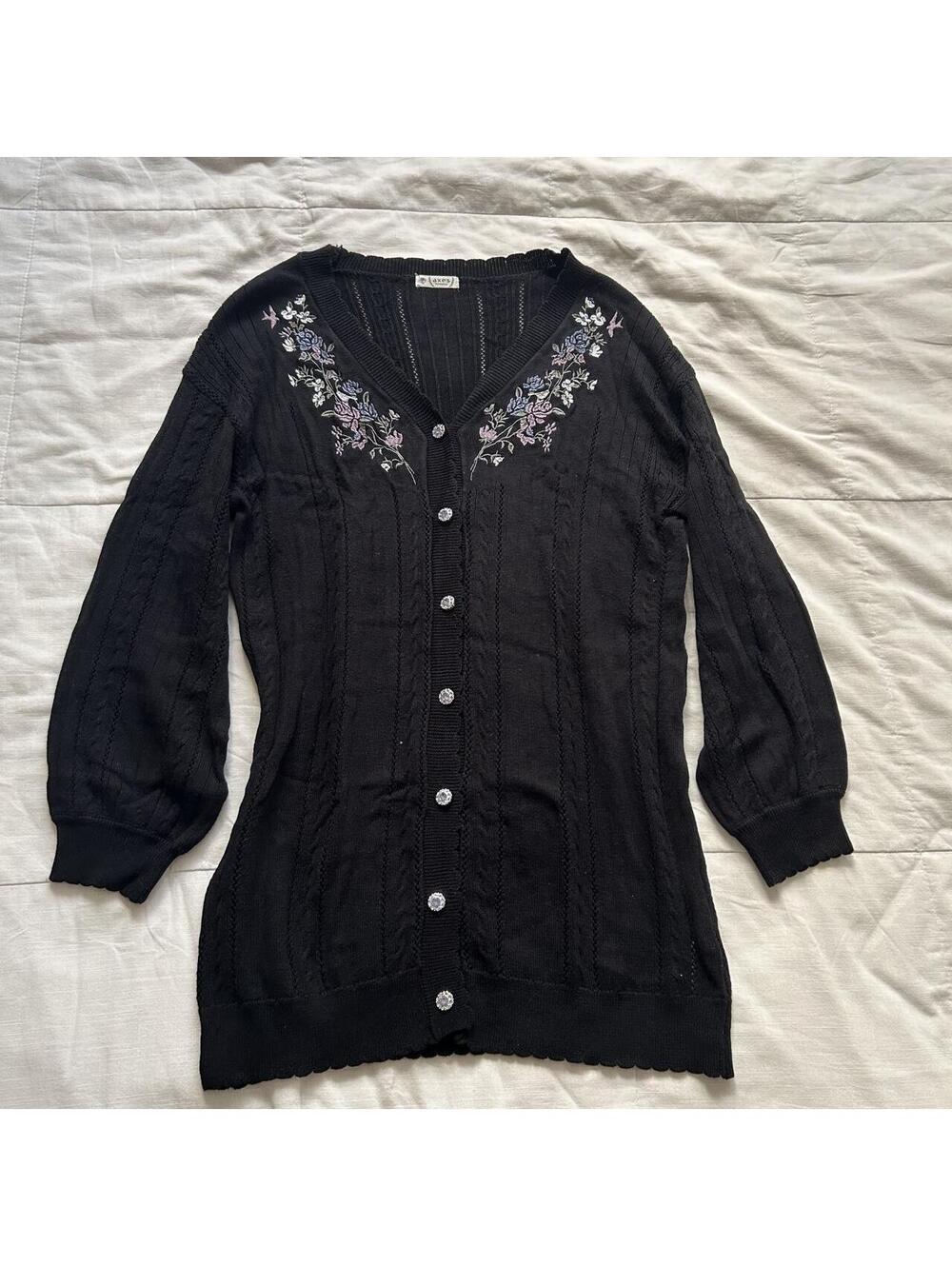 Axes Femme Floral Embroidered Pointelle Sweater Mini Dress Black Medium Japan